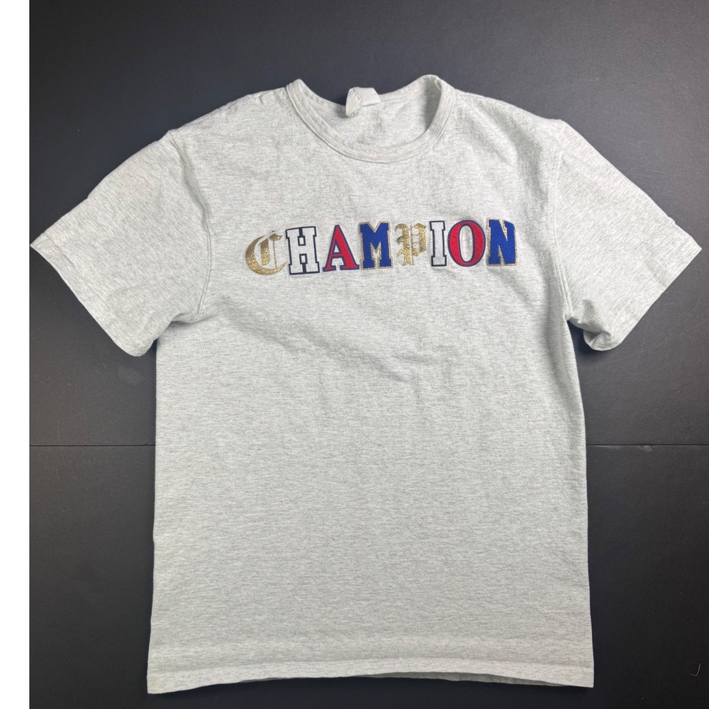 Champion Appliqué Embroidered‎ Logo T-Shirt Womens Small Crew Retro Glitter Y2K